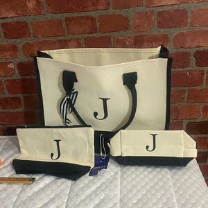 Monogram J Two-Tone Canvas Tote Bag -Black & Cream w/2 small bags & carry strap